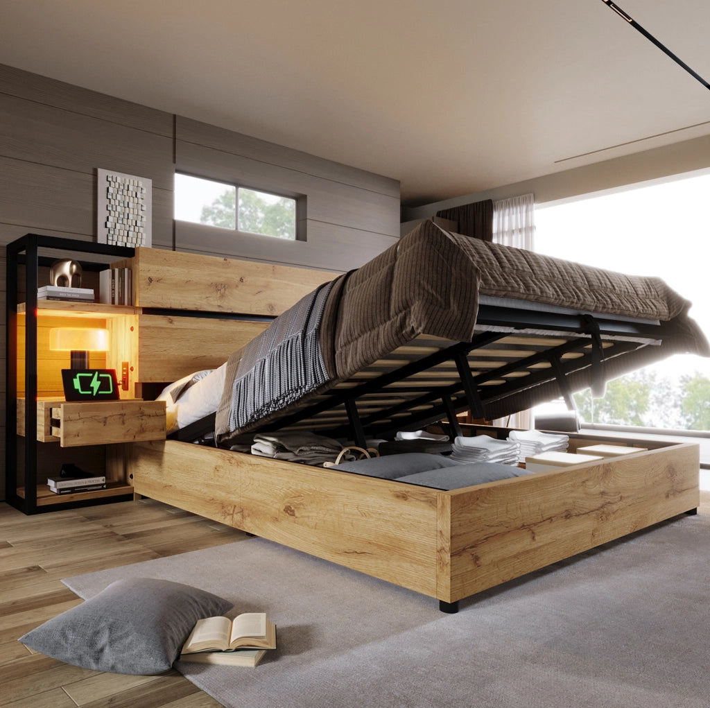 Letto matrimoniale contenitore in stile industriale con ricarica USB e Type-C