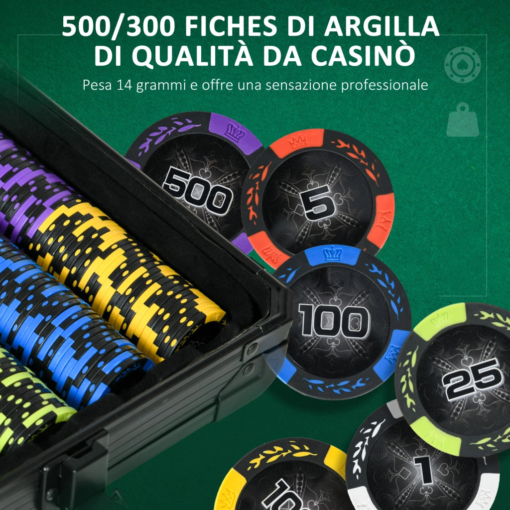 Set Poker con 500 Fiches, 2 Mazzi di Carte, 5 Dadi, Pulsanti e Valigetta Protettiva in Alluminio Nero