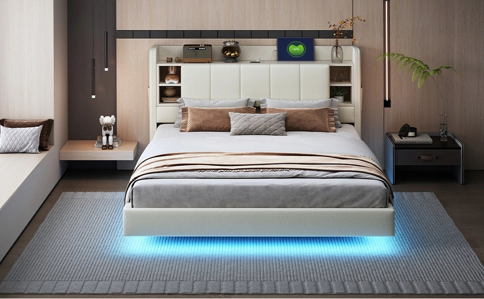 Letto imbottito matrimoniale - Xylo - 160x200 - beige - USB e illuminazione