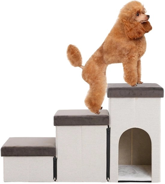Trappola per cani a 3 gradini per piccoli cani, trappola per cani con spazio di deposito per letto e divano, 44 cm alto, trappola per gatti per anziani, scala per animali domestici in poliuretano, colore beige