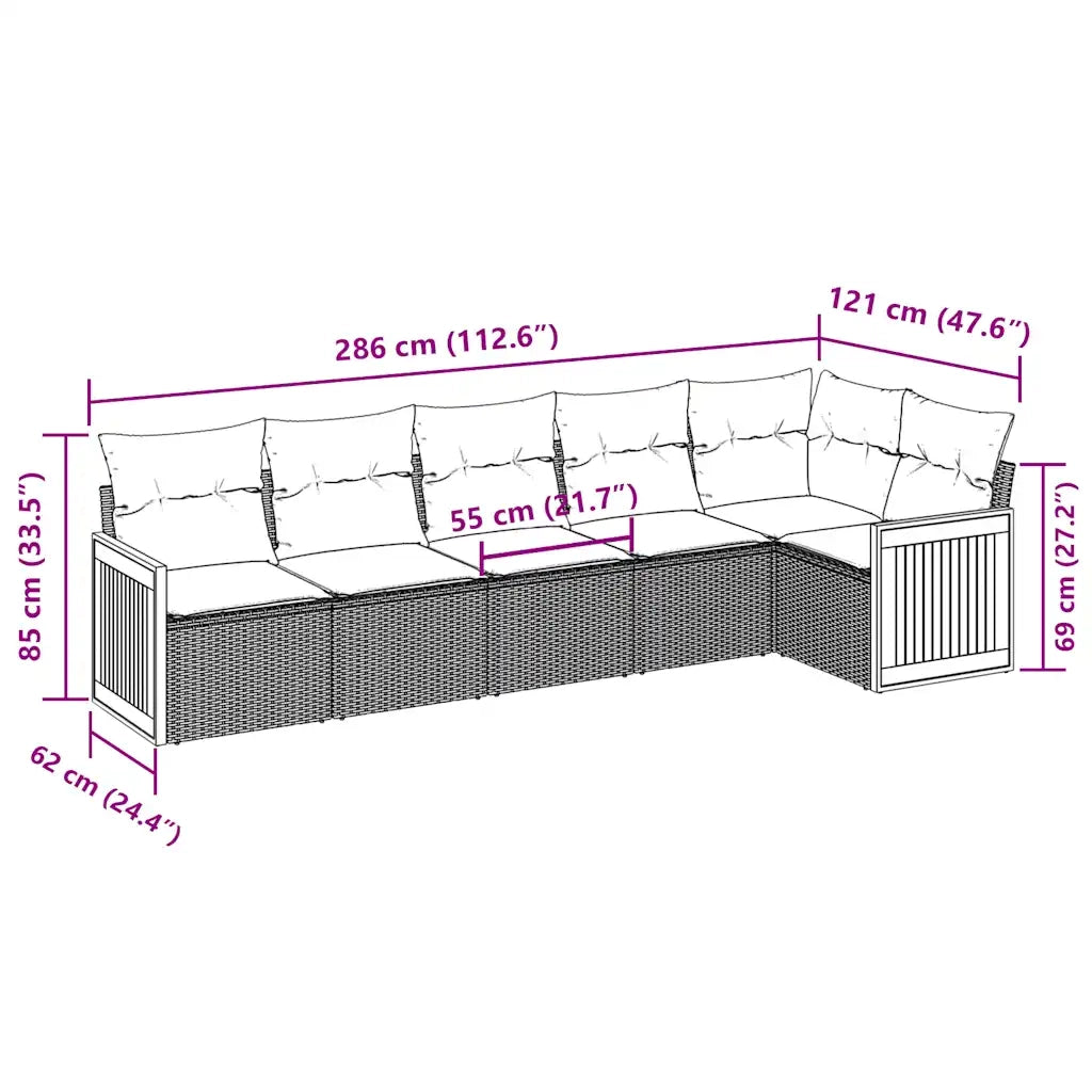 Set Divano da Giardino 6 pz con Cuscini Nero in Polyrattan
