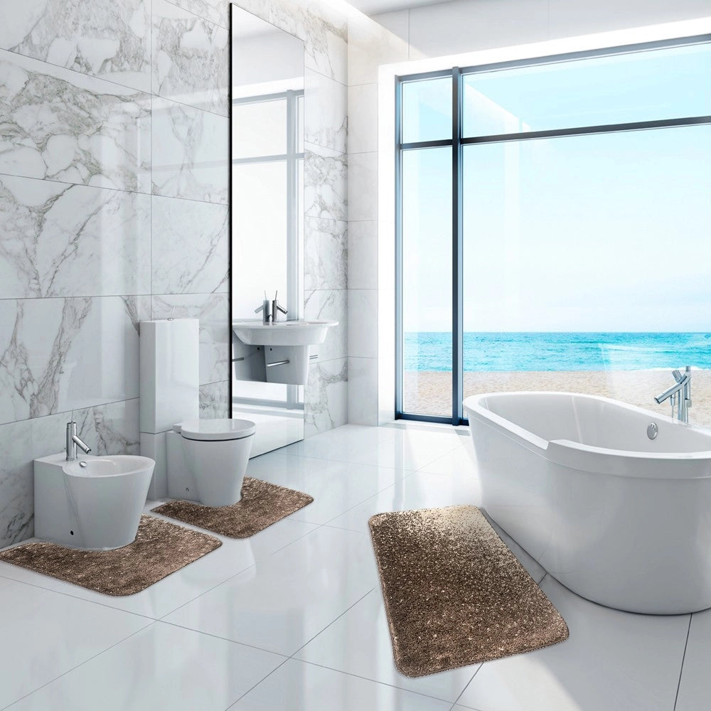 Tappeto Bagno Camera Scendiletto Doccia Vasca Antiscivolo Assorbente Shaggy Soffice IBISCO A Parure 3 Pezzi - Marrone