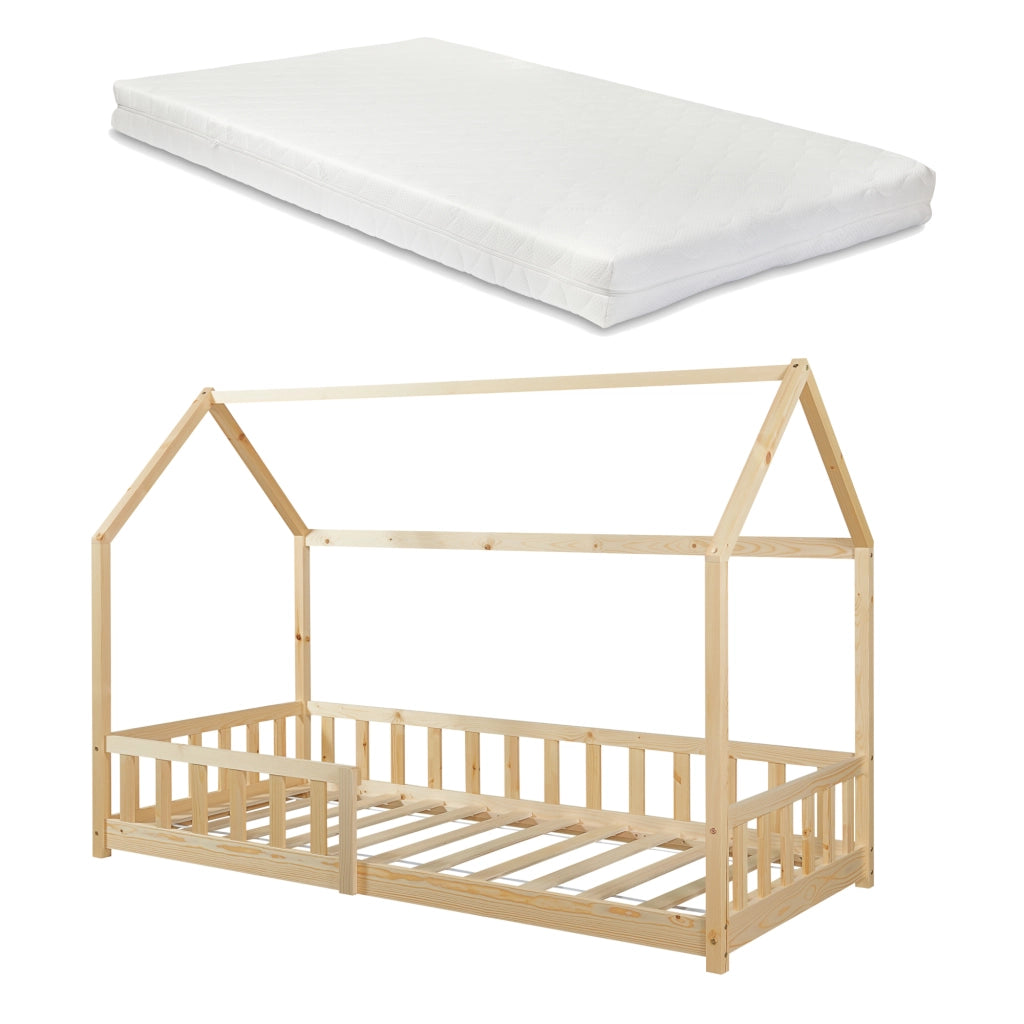 Letto Singolo Hesel per Cameretta Forma di Casetta con Materasso 90 x 200 cm Naturale [en.casa]