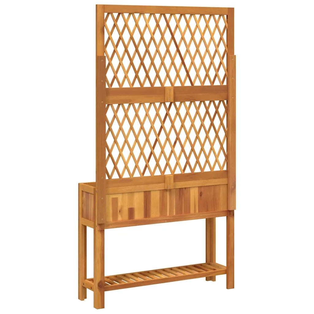 Fioriera con Traliccio-Vaso con Griglia-Fioriera con Supporto per Piante Rampicanti e Ripiano 100x32x185 cm Legno Acacia