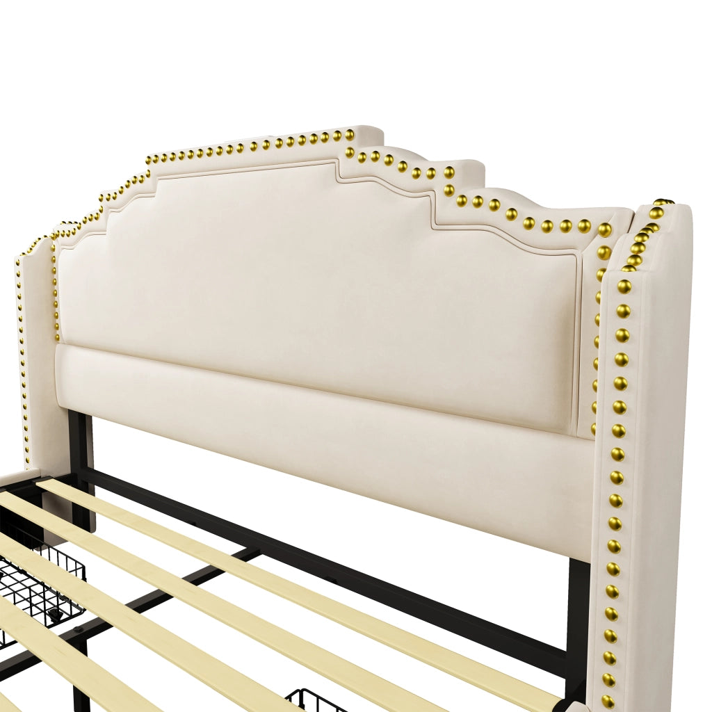 DESMIU Letto Matrimoniale 140 × 200 cm con 4 cassetti, LED, USB e Type-C, con materasso, velluto beige