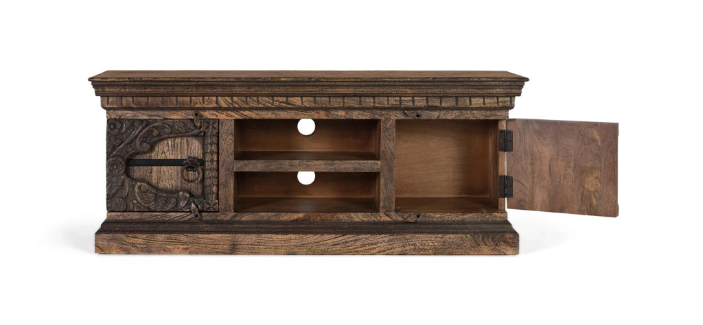 Mobile porta TV in legno massello di mango con due ante e due ripiani