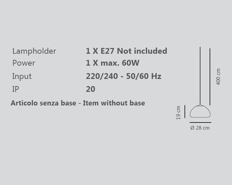 LUXOR-G Sospensione 1 luce in vetro grigio con particolare in ottone spazzolato e cavo nero in tessuto regolabile lungo 400cm Attacco E27 senza base