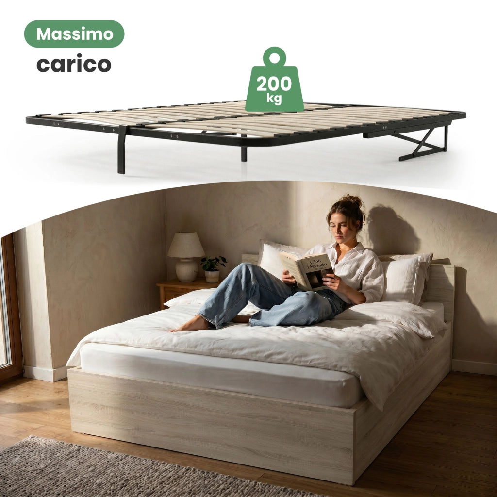 Letto con contenitore 140x200 cm rete sollevabile in metallo Rovere Sonoma