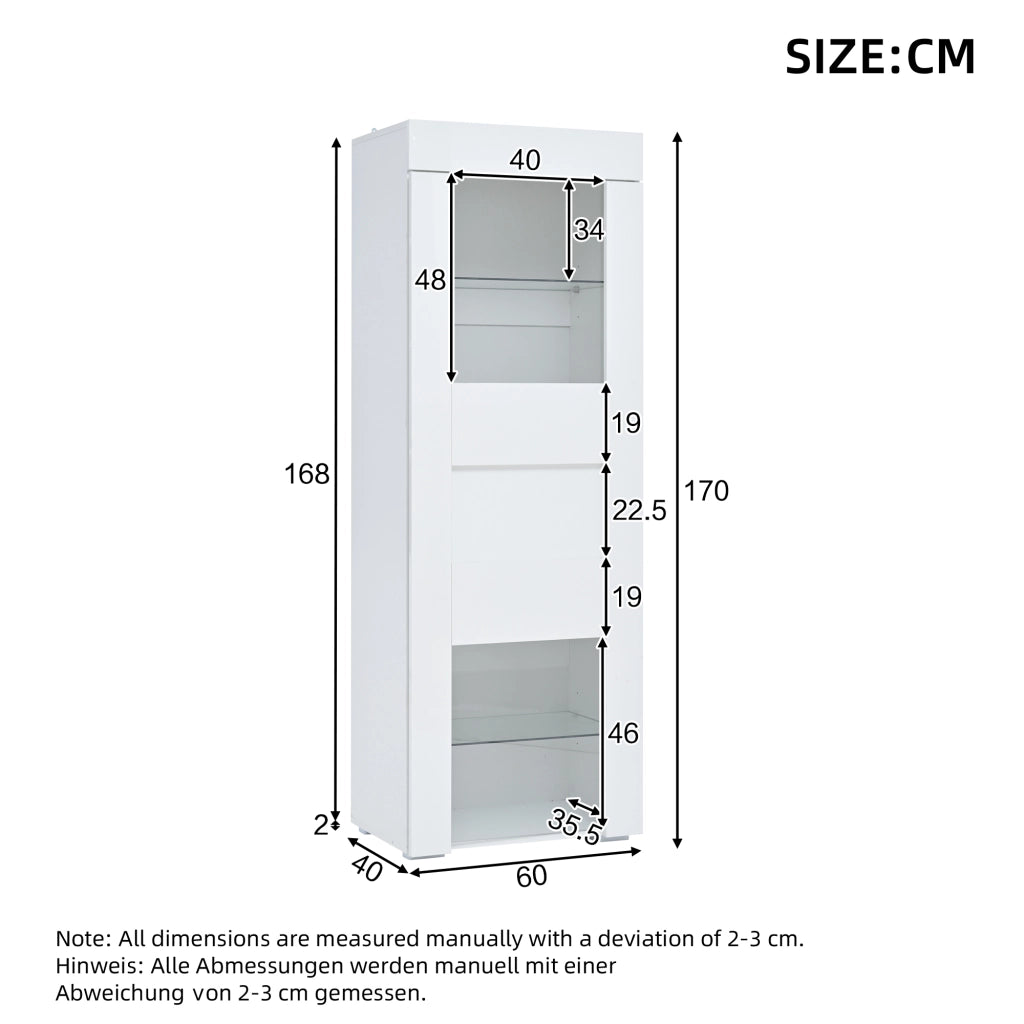 Vetrina con LED e 1 anta, 4 vani e ripiani regolabili, per soggiorno, in MDF e vetro, bianco, 60 × 40 × 170 cm