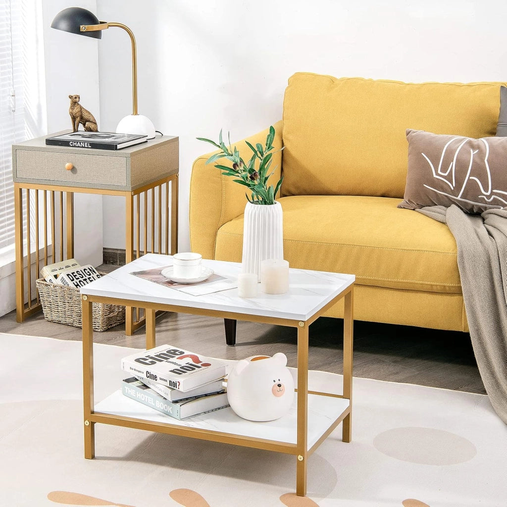 Set di 2 Tavolini con Cassetti, Tavolo da Soggiorno Annidabile, Comodino in Metallo Dorato, Tavolino da Caffè dal Design Elegente e Moderno, Ideale per Soggiorno, Camera da Letto