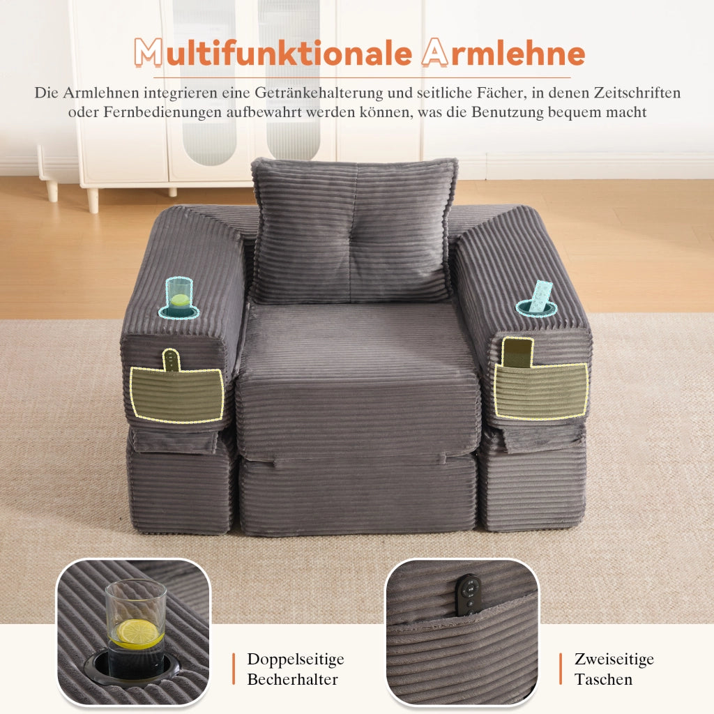 Divano convertibile in corduroy con tasche laterali e portabicchieri schienale in memory foam grigio scuro 122 × 98 × 80 cm