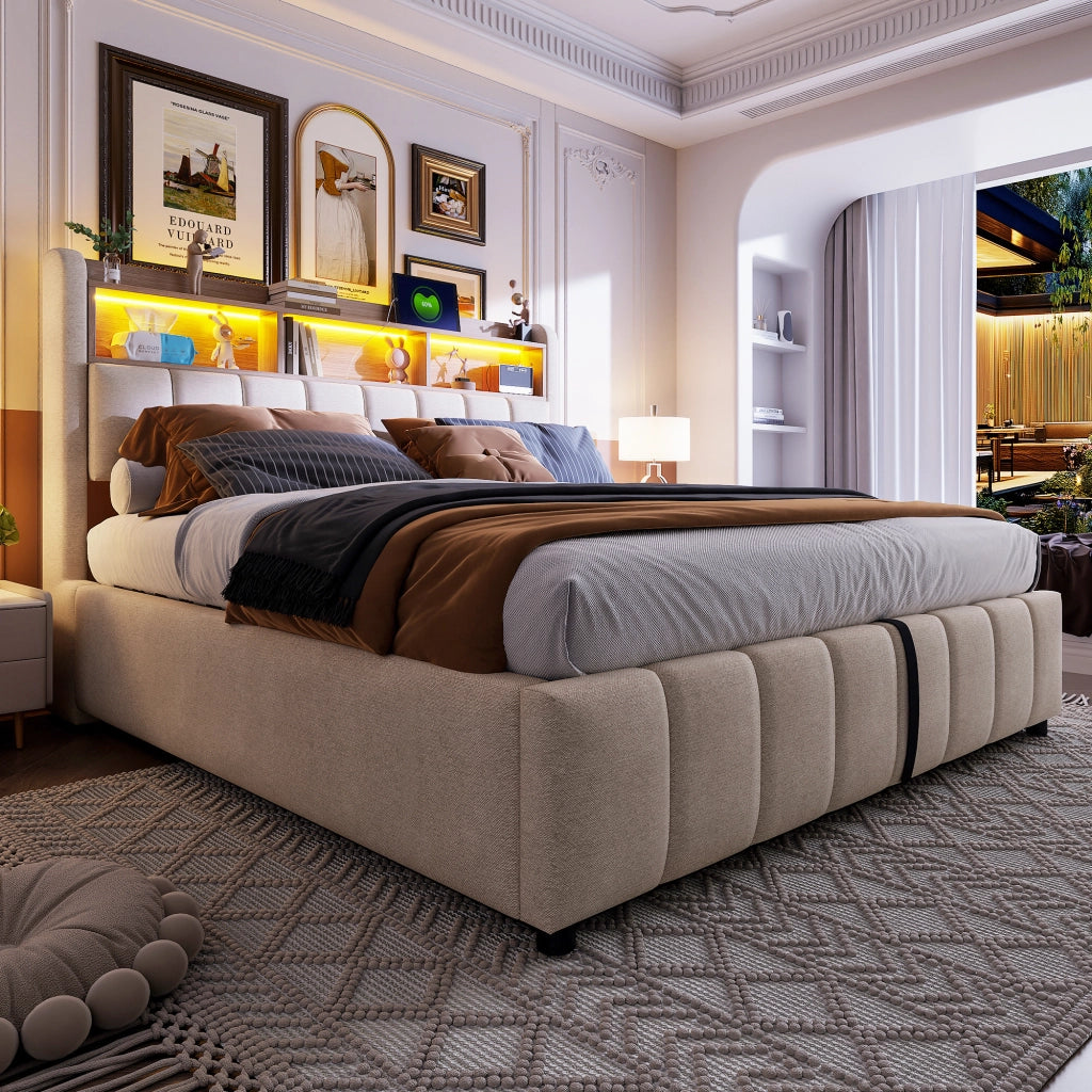 Letti contenitori 180x200 cm con LED e contenitore; lino; beige