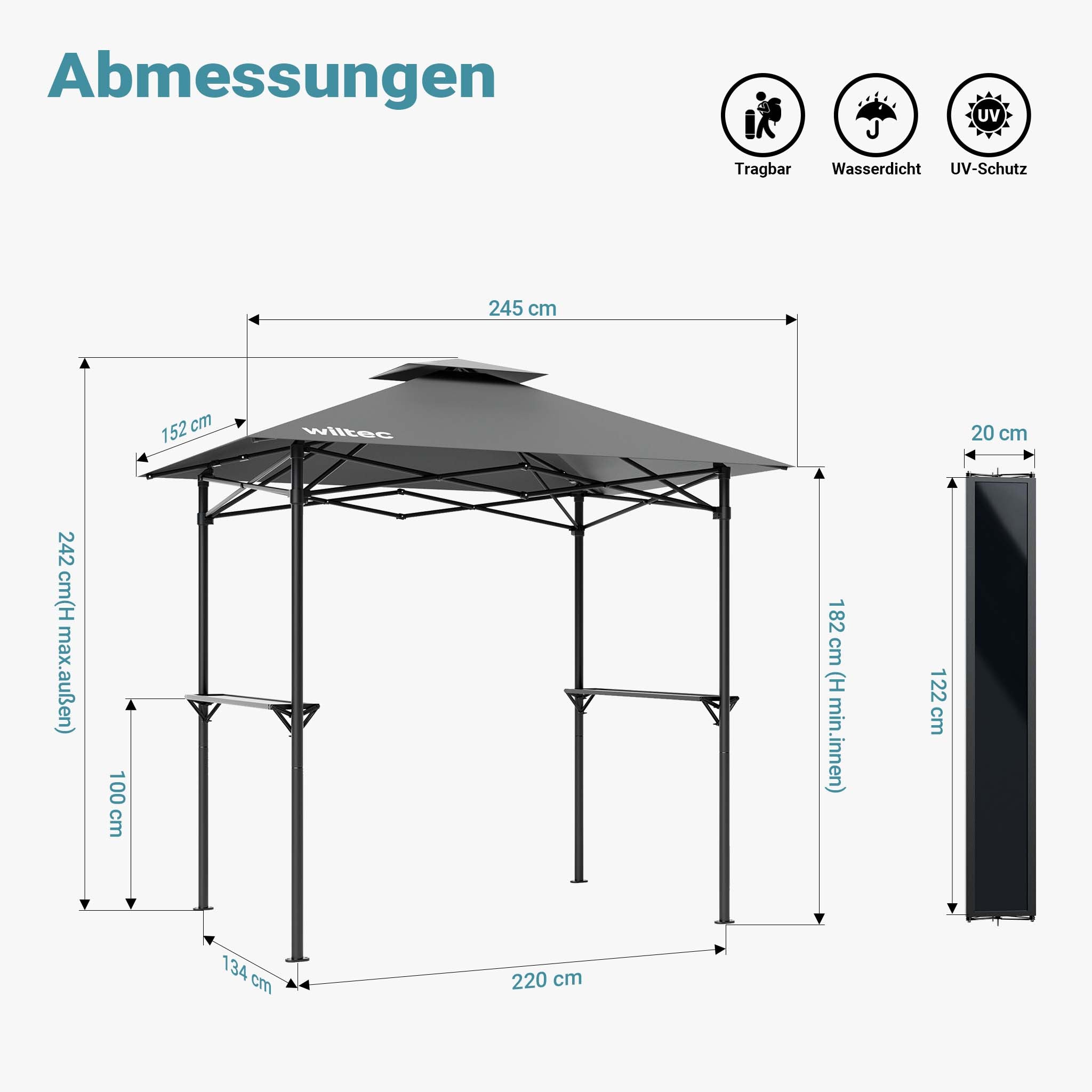 Gazebo per barbecue grigio 2,45 x 1,52 m con telone di copertura e due ripiani