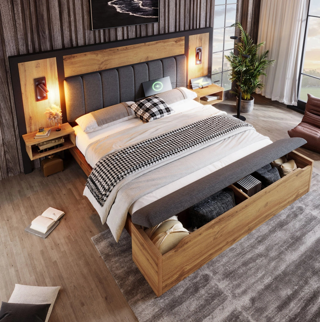 Letto matrimoniale 180x200 cm con luci da lettura; USB Type-C e panca contenitore; rovere