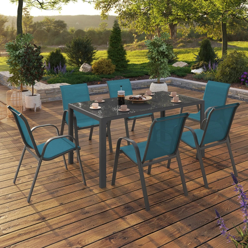 IDMarket - Set di mobili da giardino MADRID tavolo 150 CM e 6 sedie impilabili blu anatra