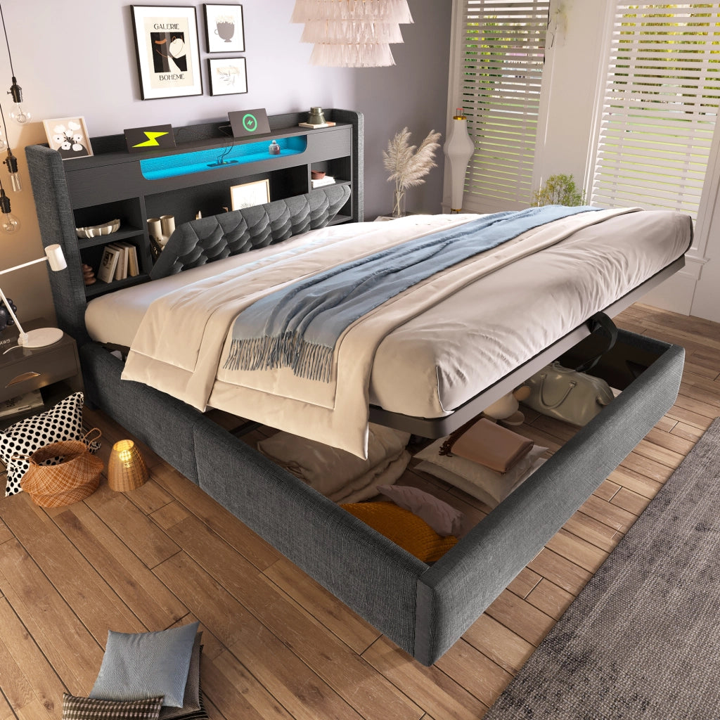 Letto contenitore matrimoniale 140 × 200 cm con LED, USB e Type-C, testiera con ripiani, senza materasso, grigio