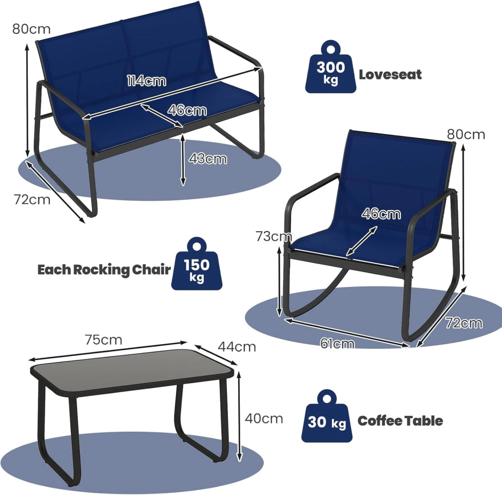 Set da Bistrò in Tessuto Textilene, Set da Giardino in 4 Pezzi, Tavolo Portato 50 kg, 2 Sedie a Dondolo Portate 150 kg, e Divanetto Portato 300 kg, Set Tavolo e Sedie da Esterno (Blu)