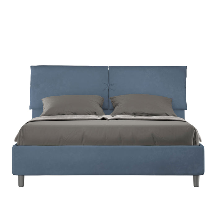 Letto Matrimoniale 160x210 cm con Rete e Contenitore con Testata e Alzata Comoda Imbottito in Microfibra Mados Blu