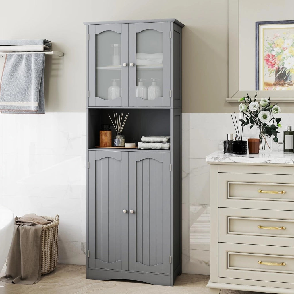Armadio Alto da Bagno con Ante in Vetro Temperato, Ripiani Regolabili, Kit Anti-Ribaltamento, per Bagno, Soggiorno, Sala da Pranzo e Cucina, 60x30x164 cm (Grigio)