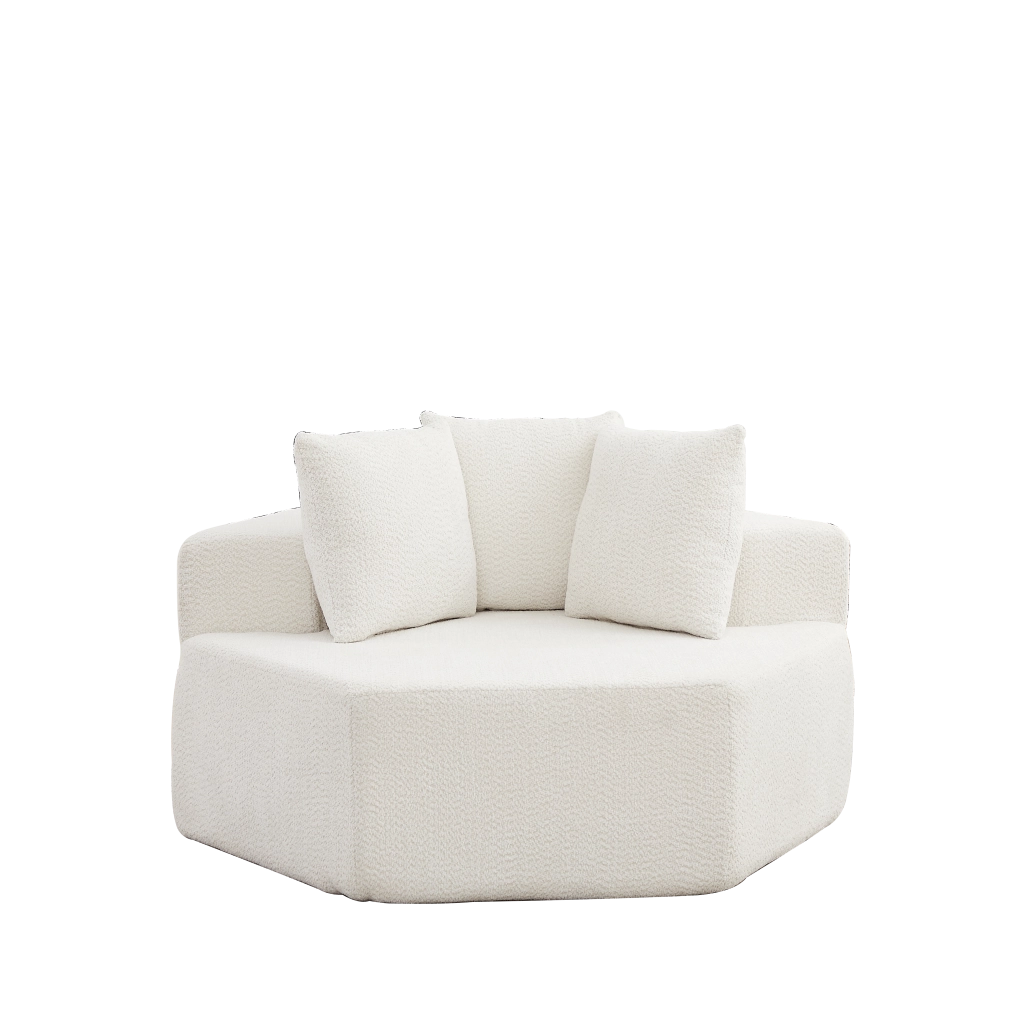 Fauteuil modulare esagonale in chenille con tre cuscini e base antiscivolo, beige per composizioni versatili