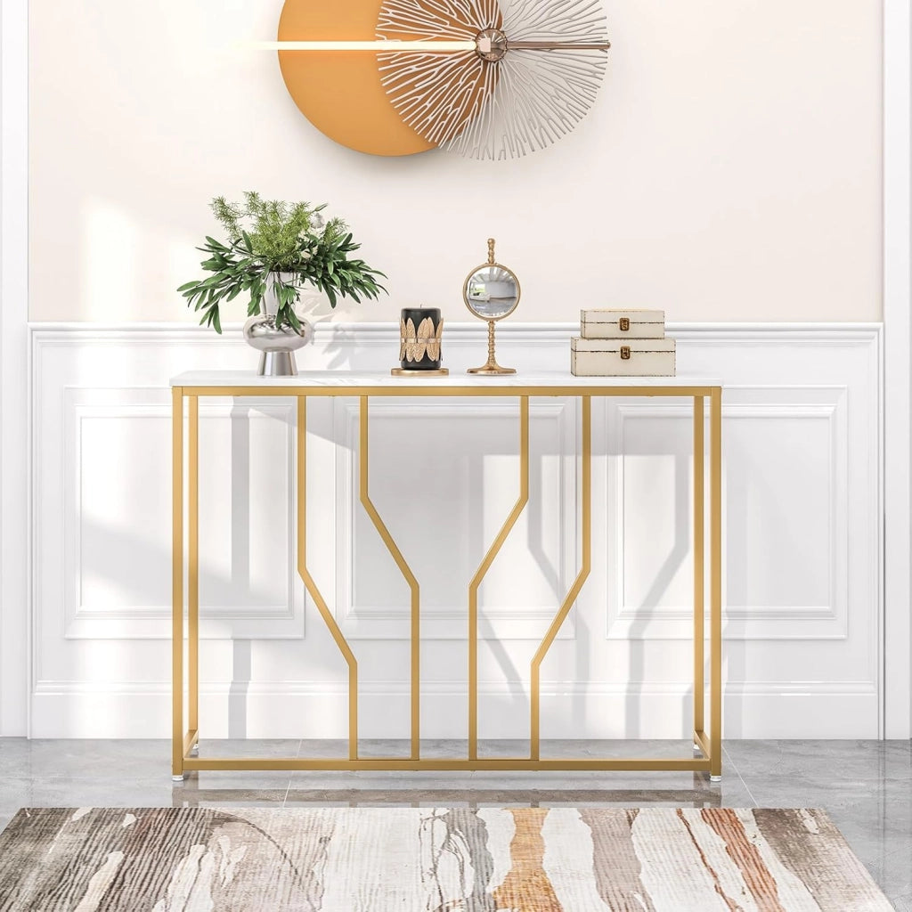 Tavolo Consolle Effetto Marmo, Tavolo d'ingresso con Struttura Geometrica in Metallo, Tavolino da Divano Bianco Oro, 110x30x80 cm