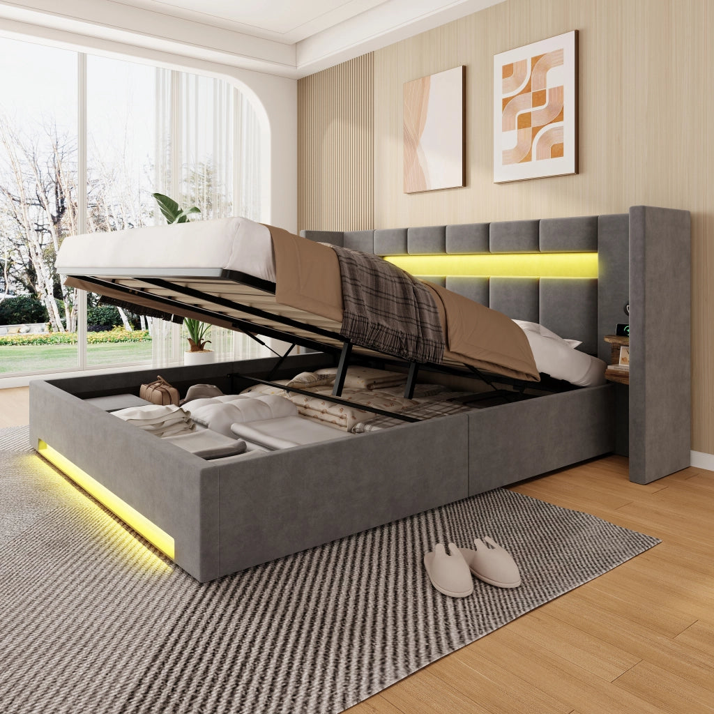 LETTO imbottito 180x200 cm in velluto grigio scuro con USB, LED e contenitore