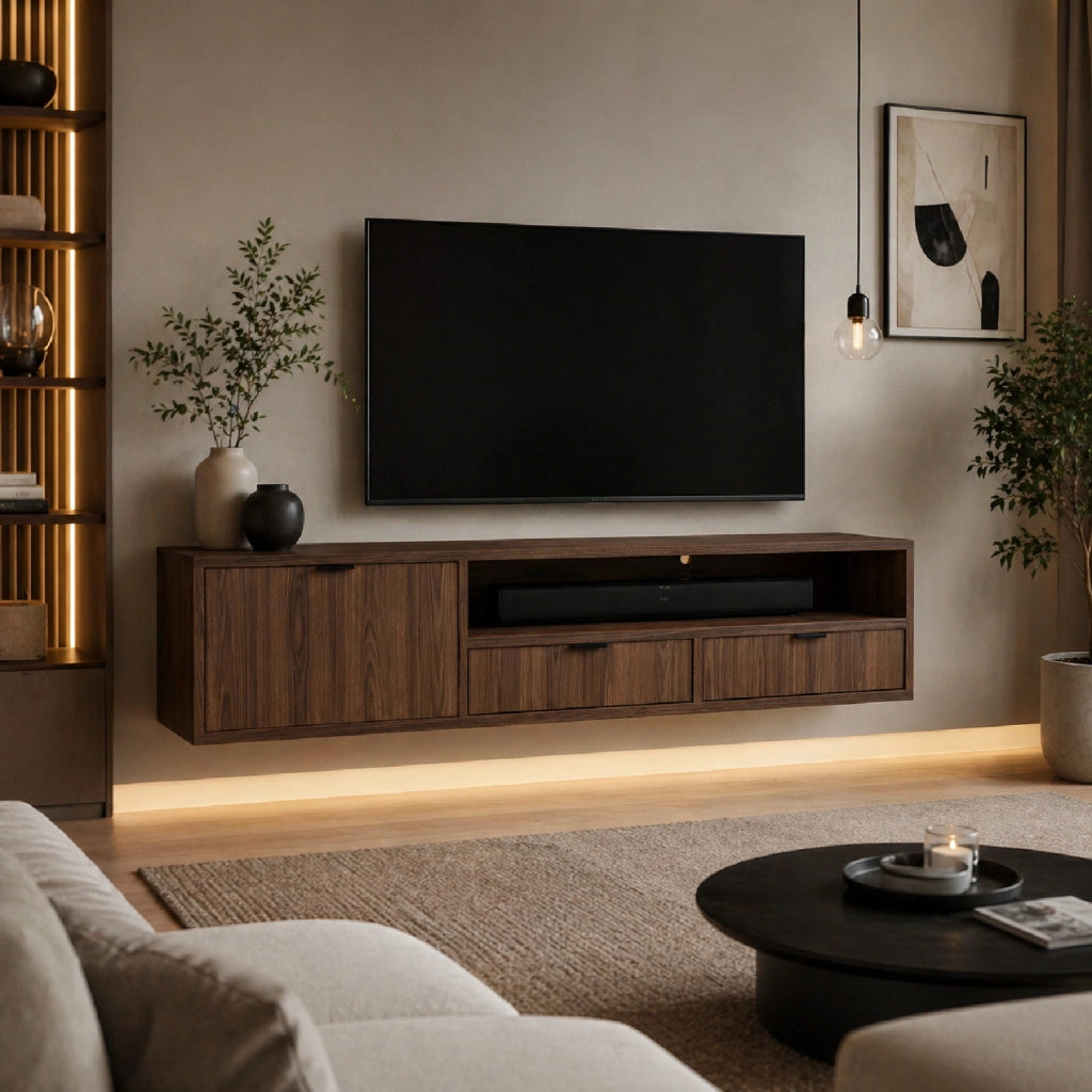 Mobile Porta TV Sospeso Con 1 Anta A Ribalta 2 Cassetti E Ampio Vano A Giorno Con Passacavo In Melaminico Per Soggiorno Design Moderno Contemporaneo 150 X 35 X 40 Cm Noce