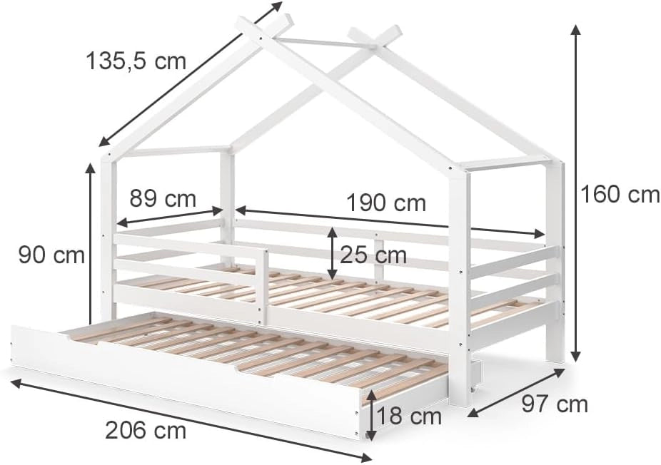 Letto montessori bambini Luni, Bianco, 200 x 90 cm con letto e materasso per ospiti, come una piccola casa per un'atmosfera calda