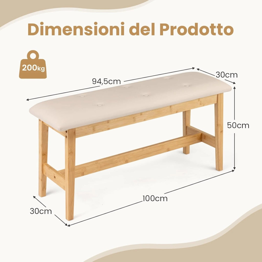 Panca Imbottita da 100 cm, Portata 200 kg, Panca con Bottoni Capitonné a Fine Letto con Seduta Imbottita, Finta Pelle Liscia e Struttura Robusta in Bambù per Camera da Letto e Ingresso