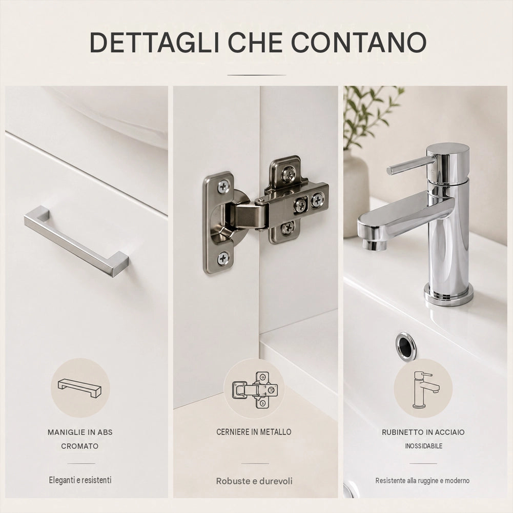 Set Completo Mobile da Bagno da Terra 85 cm con Due Ante Bianco Specchio e Accessori