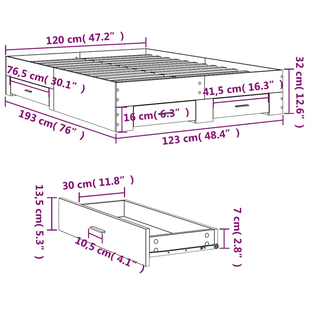 Letto matrimoniale | Letto per adulti | Giroletto Cassetti Grigio Sonoma 120x190 cm Legno Multistrato