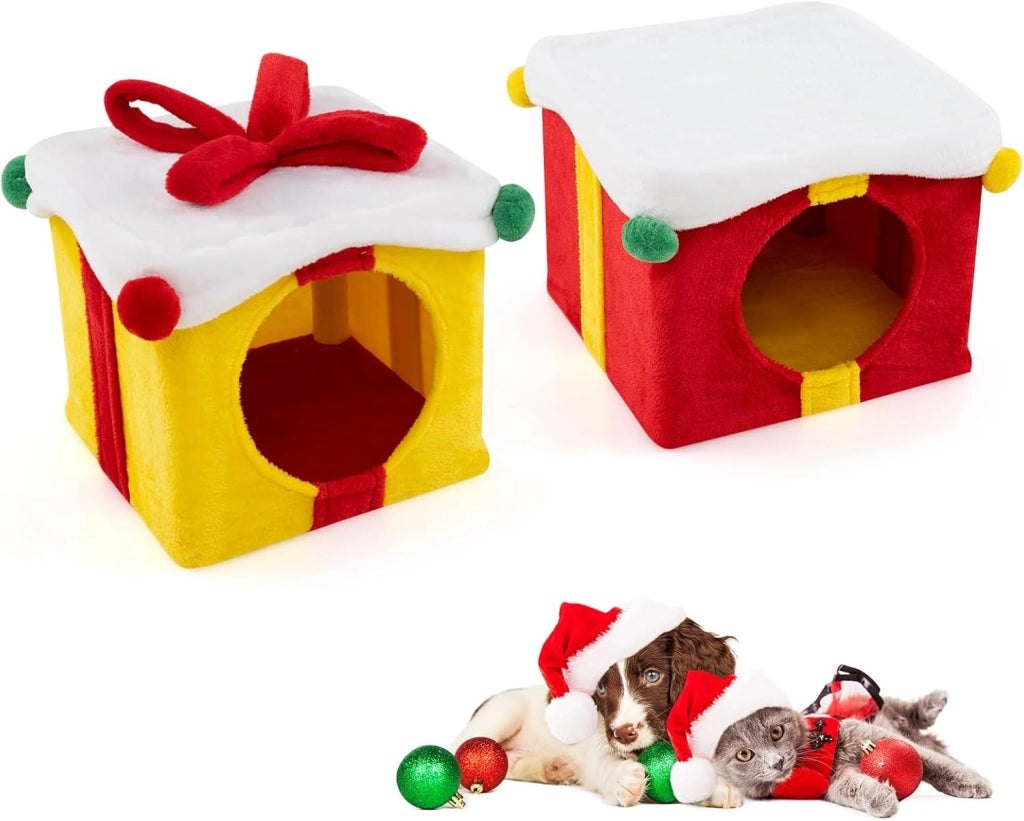 Set 2 Cuccia Cane Interno a 2 Piani, Tiragraffi per Gatto a Forma di Scatola di Natale in Tessuto e MDF, Lettino Gatto Interno per Inverno, Rosso e Giallo