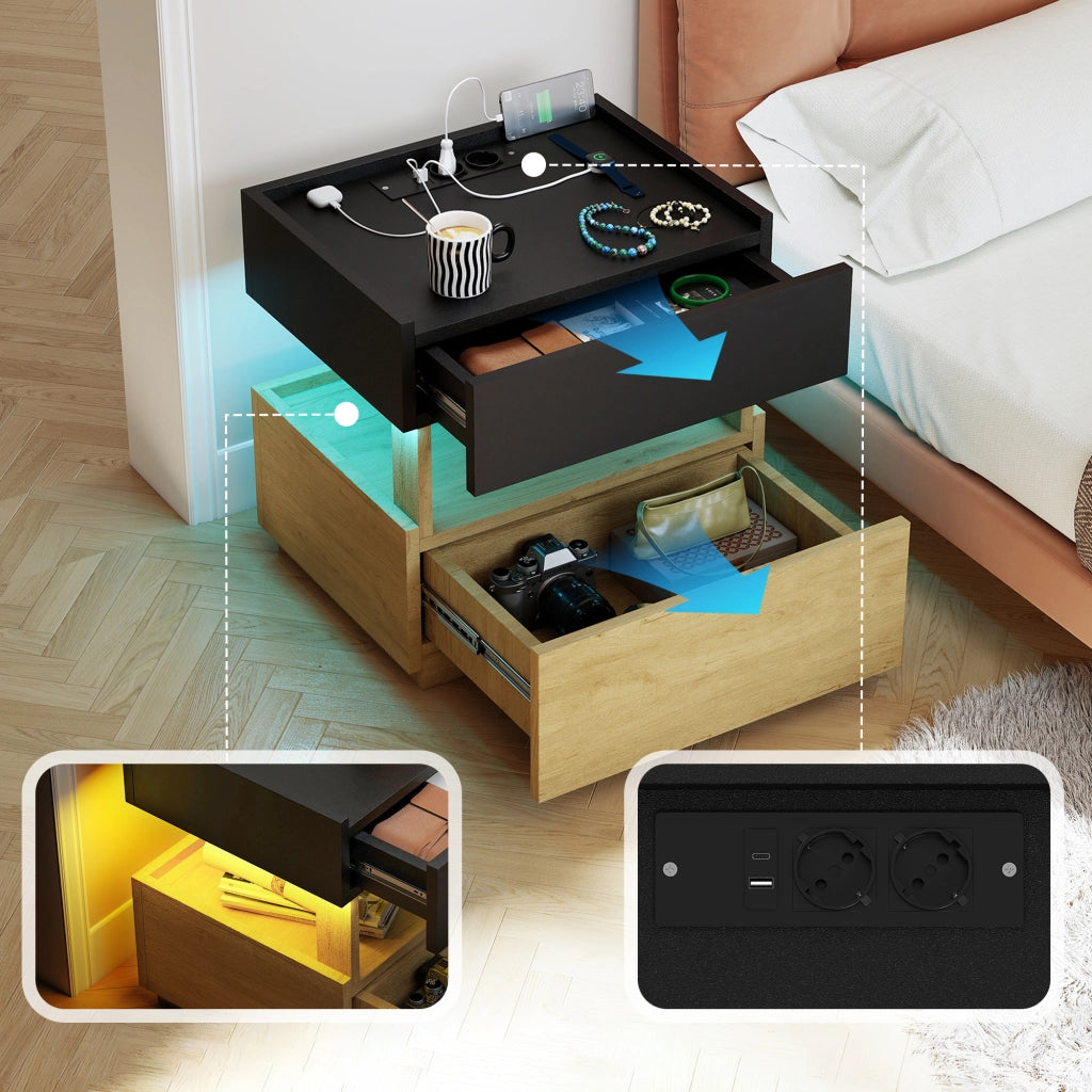 Comodino con ricarica wireless, LED e 2 cassetti per camera da letto, nero e naturale 50 × 40 × 50 cm