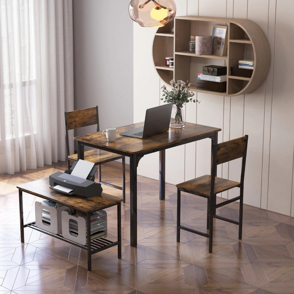 Set tavolo e sedie da cucina 4 pezzi-Tavolo da pranzo con 2 sedie e 1 panca telaio e ripiano metallici Marrone