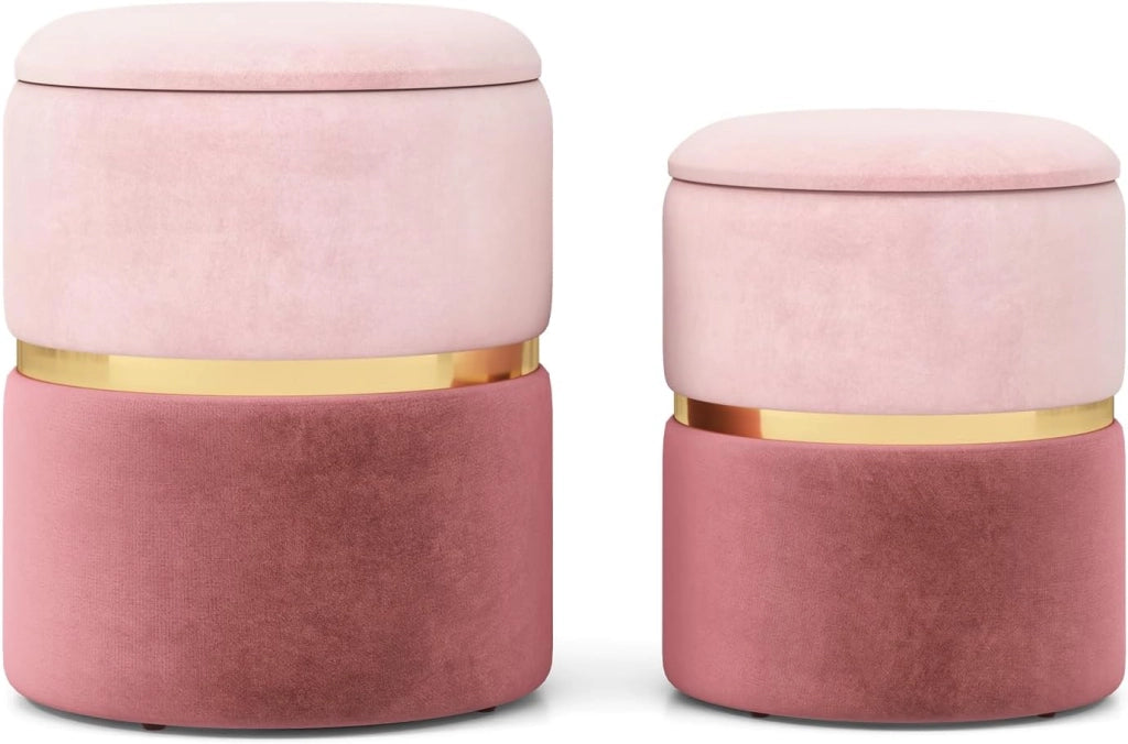 Set di 2 Pouf Contenitore in Velluto, Pouf Rotondi Imbottiti da 32L +21L, Sgabelli con Contenitore per Soggiorno, Camera da Letto, Portata 150 kg (Rosa)