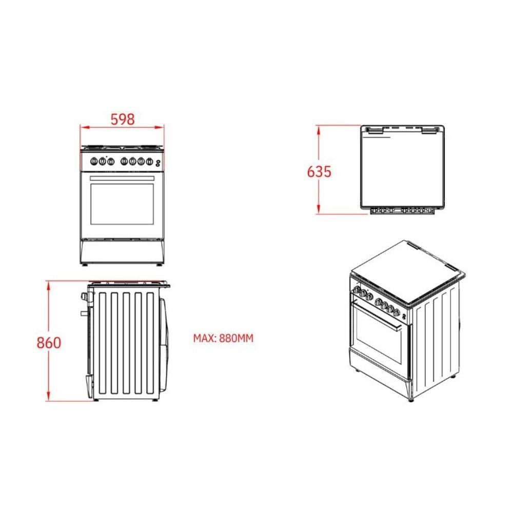 Cucina a Gas Tremiti 60x60 cm Nera con Forno a Gas 70 Litri e Grill Elettrico Classe A Samet Indomita Line