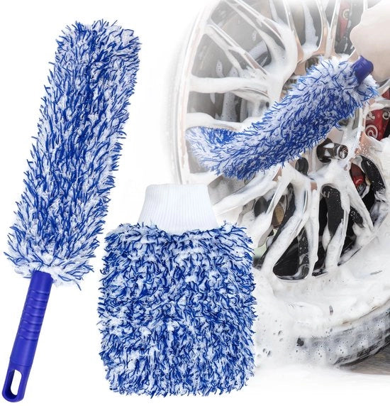 Velgenborstel Auto, Microvezel Buigbare Velgenreiniger Borstel con Washandschoen Autowasset, Velgenborstel per Pulizia Leggera di Diversi Tipi di Freni - Blu