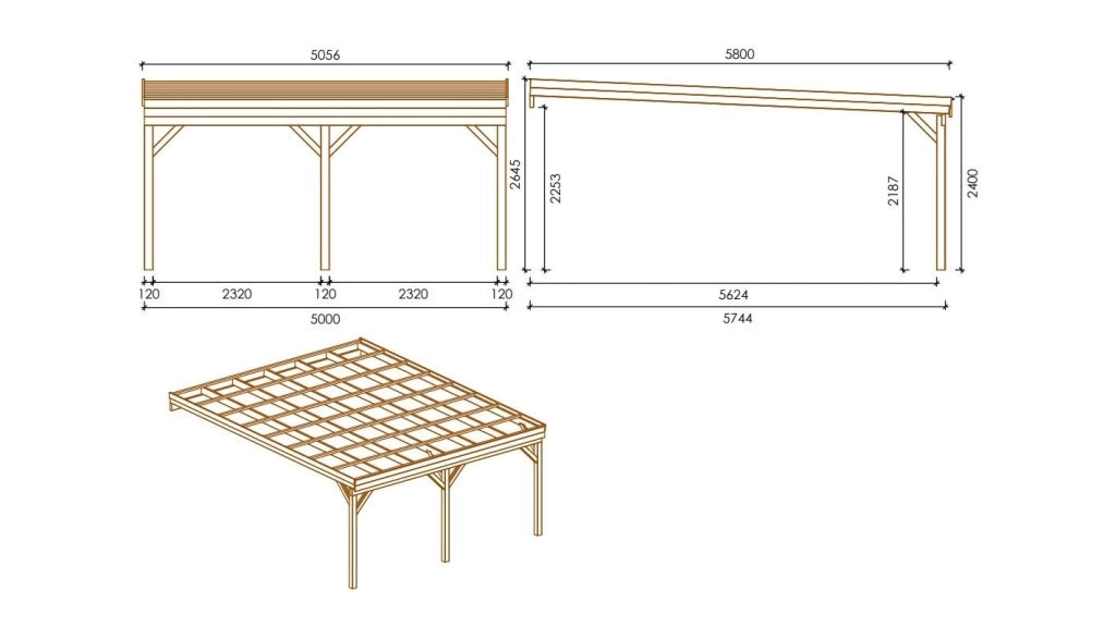 Tettoia posto auto coperto in legno 5.8x5.06 m - 29 m2 - addossato  - CAR23 - ALTANKA