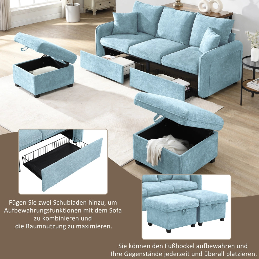Divano angolare a U convertibile con funzione letto e contenitore, in chenille blu con pouf portaoggetti 3 pezzi