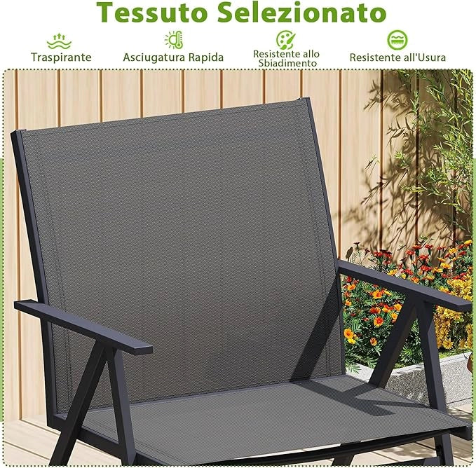 Set di 2 Sedie da Giardino, Poltrone da Esterno con Tessuto a Rete Traspirante e Struttura in Metallo, Portata 160 kg, Sedie da Terrazzo per Veranda, Balcone e Campeggio