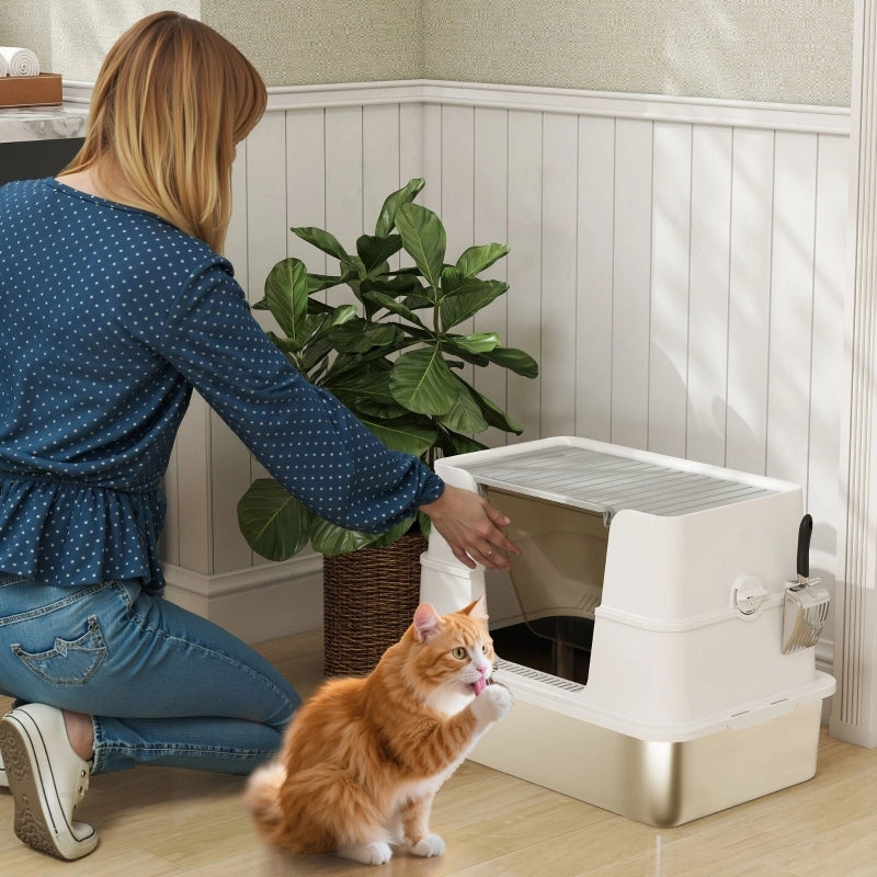 Lettiera per gatti, in acciaio inox, interno XL, con paletta, grigio chiaro