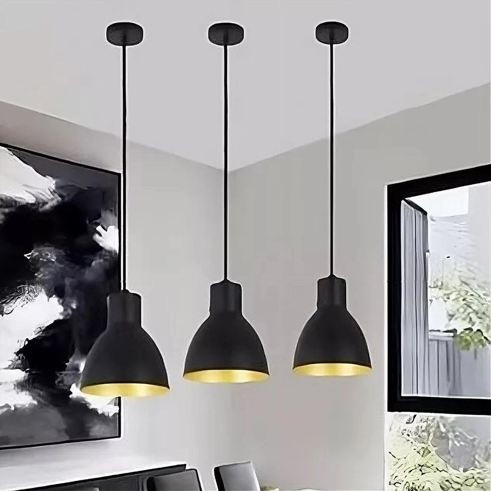 Trade Shop - Lampadario A Sospensione E27 Ferro Paralume Moderno Contemporaneo Campanella Nera Oro 33269 -