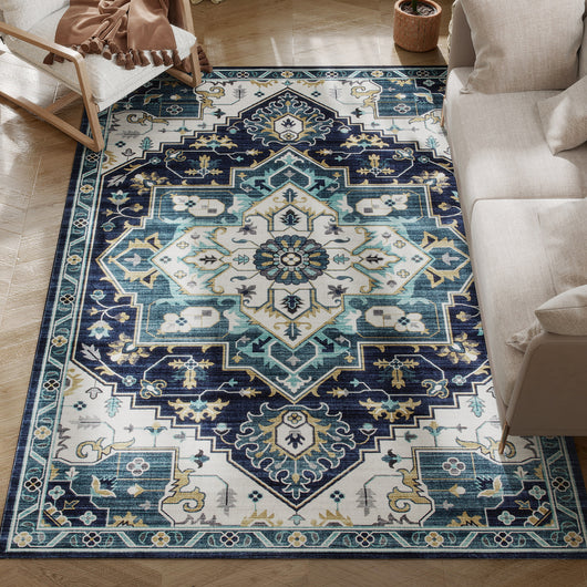 Tappeto Boho Antiscivolo e Lavabile 230x160 cm a Pelo Corto in Effetto Cashmere Blu