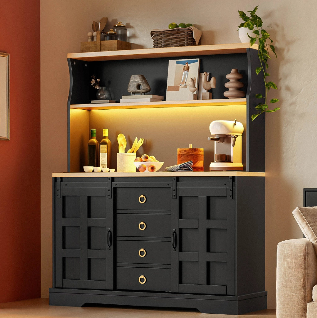 Mobile da cucina 120x40x150 cm con LED RGB; 4 cassetti; ante scorrevoli in MDF nero