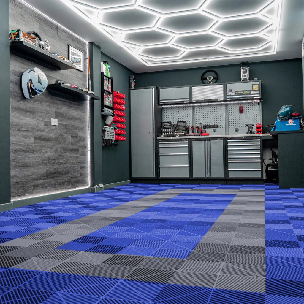 Piastrelle ventilate Blu e Grigie 3,2m x 6m per garage e officine, antiscivolo.