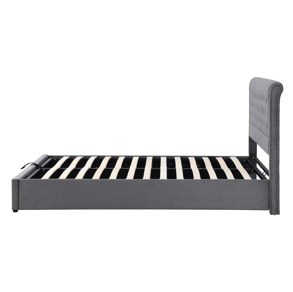 Letto imbottito 140x200 cm in velluto grigio con contenitore