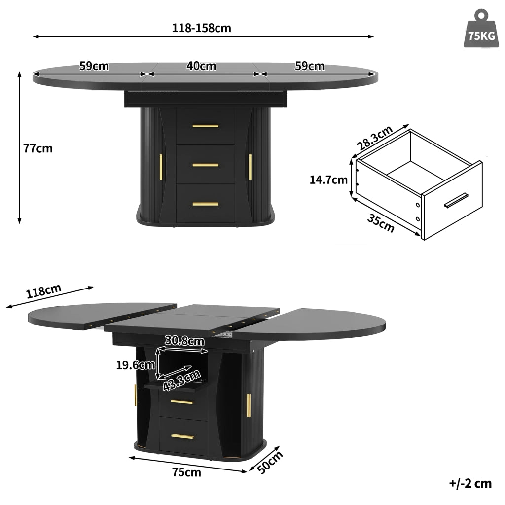 Tavolo da pranzo - rotondo estraibile - da 118 a 158 cm - 3 livelli stoccaggio - fino a 6 persone - nero