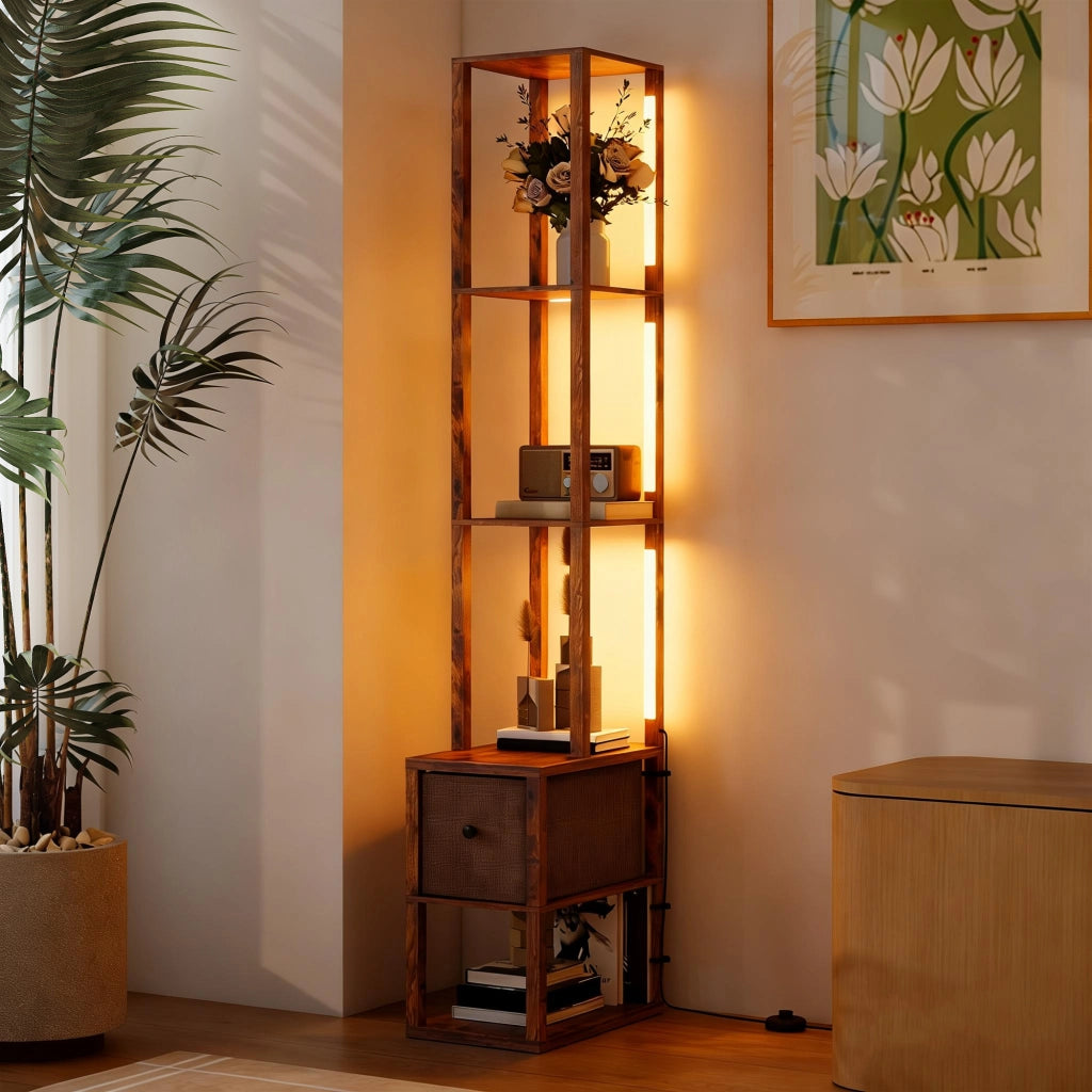 Lampada da terra con scaffali, regolabile, colore marrone ¨C zephmum ¨C 160x30x30