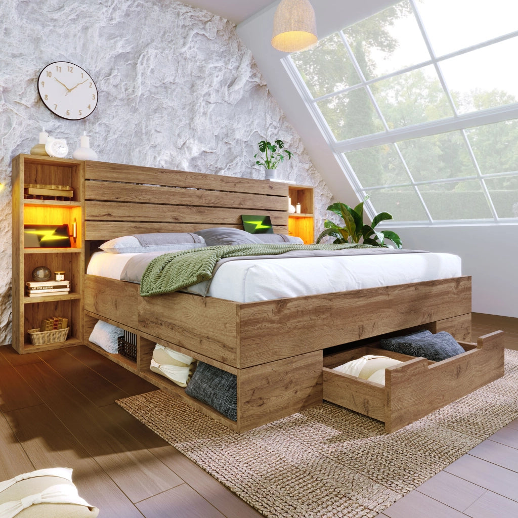 OKWISH Letto con Cassetti 180×200 cm, Letto Matrimoniale con LED Regolabile, USB, Tipo C e 2 Cassetti, senza Materasso, Legno e Metallo, Rovere