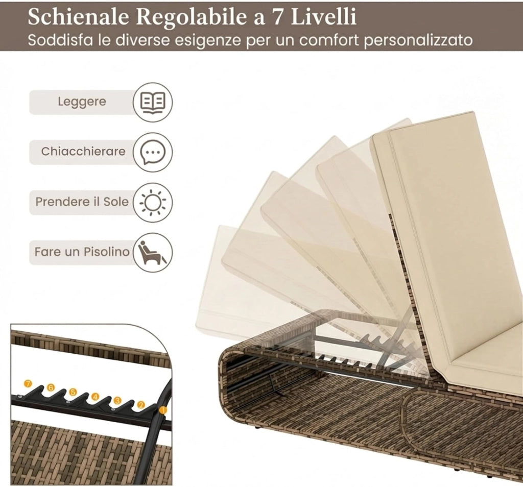 Sedia a Sdraio Imbottita in Rattan PE, Lettino Prendisole con Cuscino Morbido, Spazio di Stoccaggio e Schienale Regolabile a 7 Posizioni, Portata 180 kg, per Piscina e Giardino (2, Marrone)